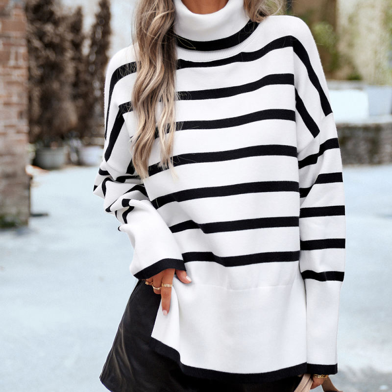 White Striped Turtleneck Loose Style Knit Sweater