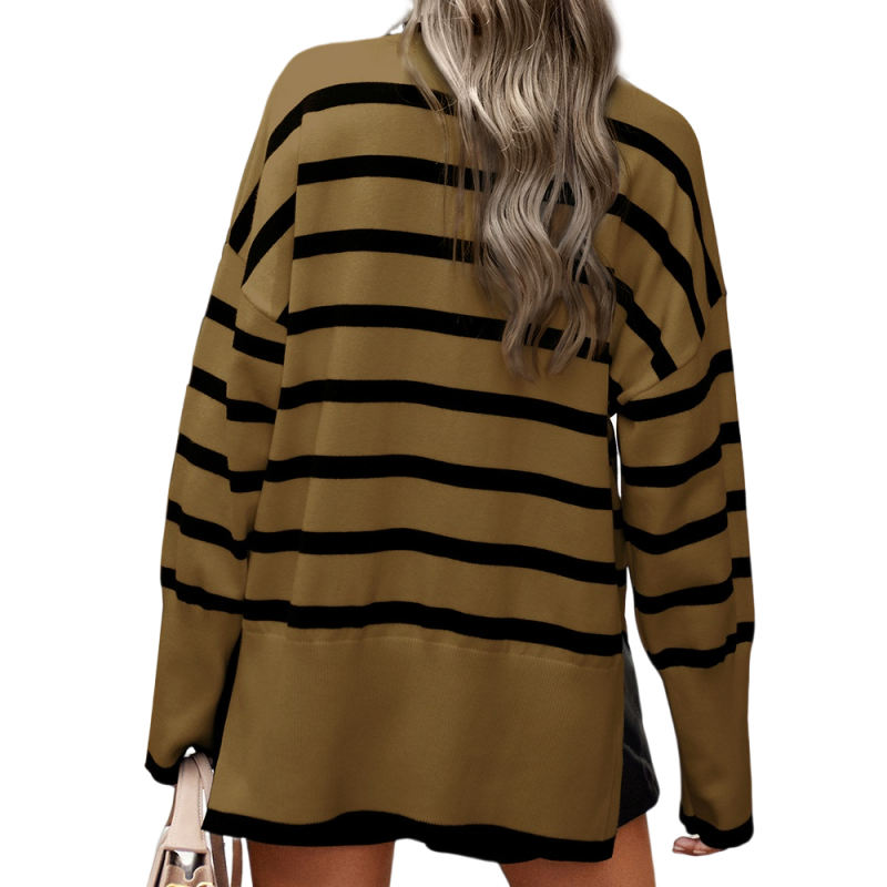 Brown Striped Turtleneck Loose Style Knit Sweater