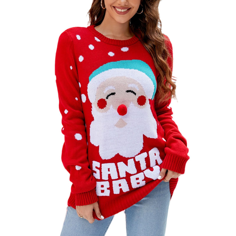 Red Embroidery Snowman and Letter Pattern Christmas Sweater