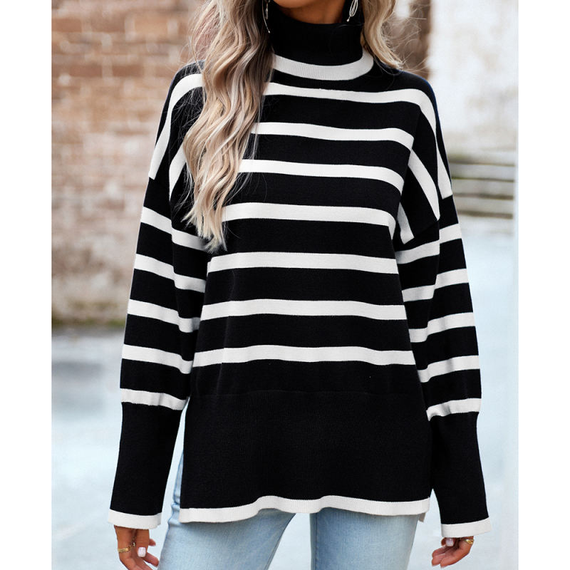 Black Striped Turtleneck Loose Style Knit Sweater