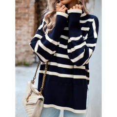 Dark Blue Striped Turtleneck Loose Style Knit Sweater