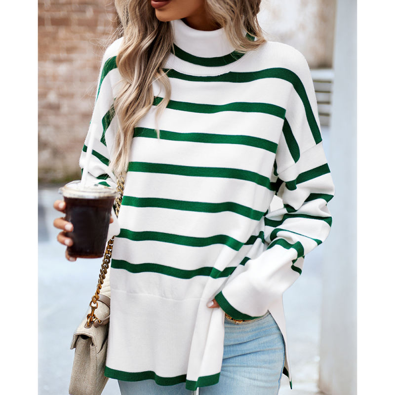 Green Striped Turtleneck Loose Style Knit Sweater