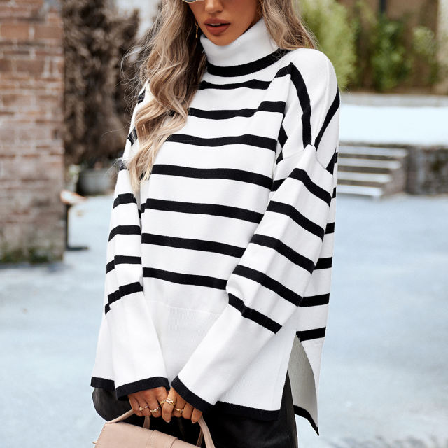 White Striped Turtleneck Loose Style Knit Sweater