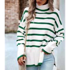 Green Striped Turtleneck Loose Style Knit Sweater