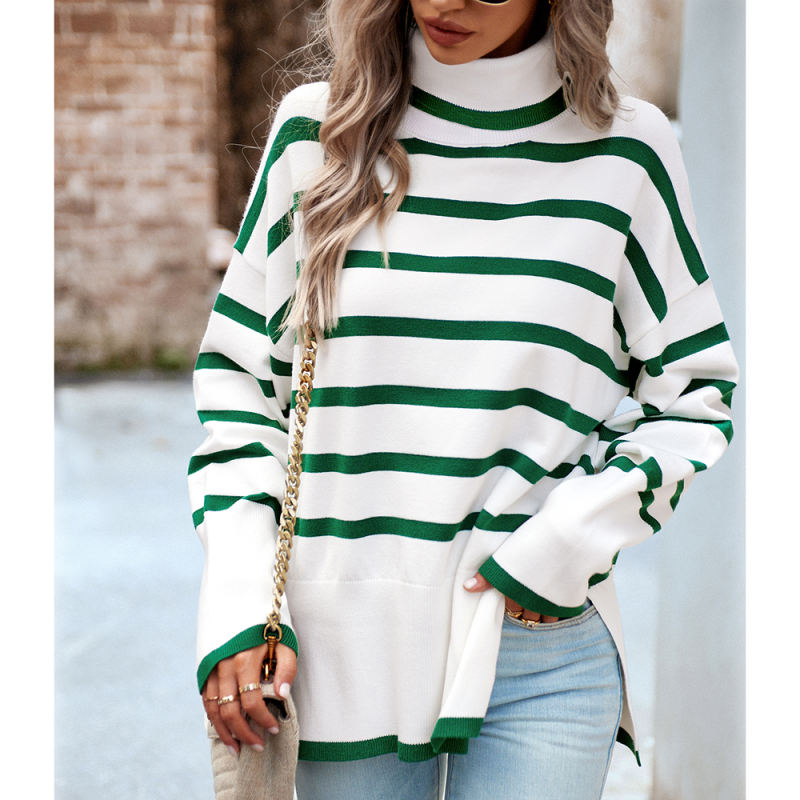 Green Striped Turtleneck Loose Style Knit Sweater