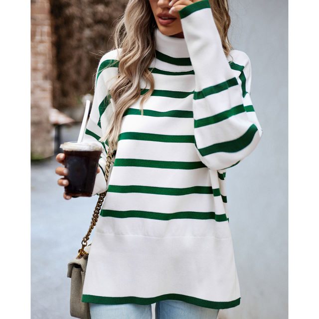 Green Striped Turtleneck Loose Style Knit Sweater