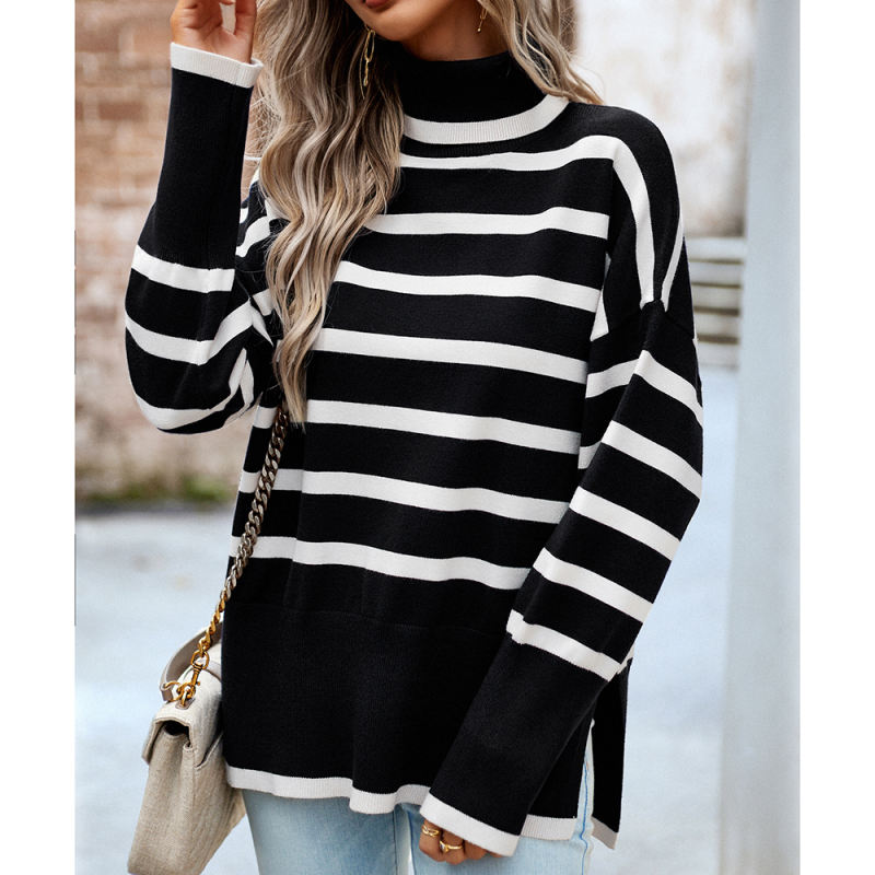 Black Striped Turtleneck Loose Style Knit Sweater
