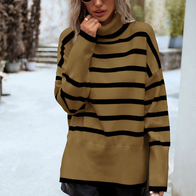 Brown Striped Turtleneck Loose Style Knit Sweater