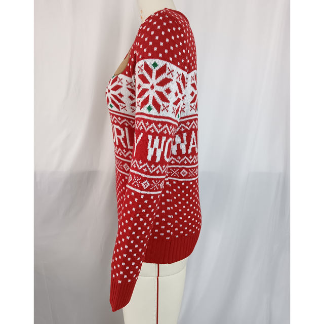 Red Embroidery Cartoon and Letter Pattern Knit Sweater