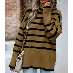 Brown Striped Turtleneck Loose Style Knit Sweater
