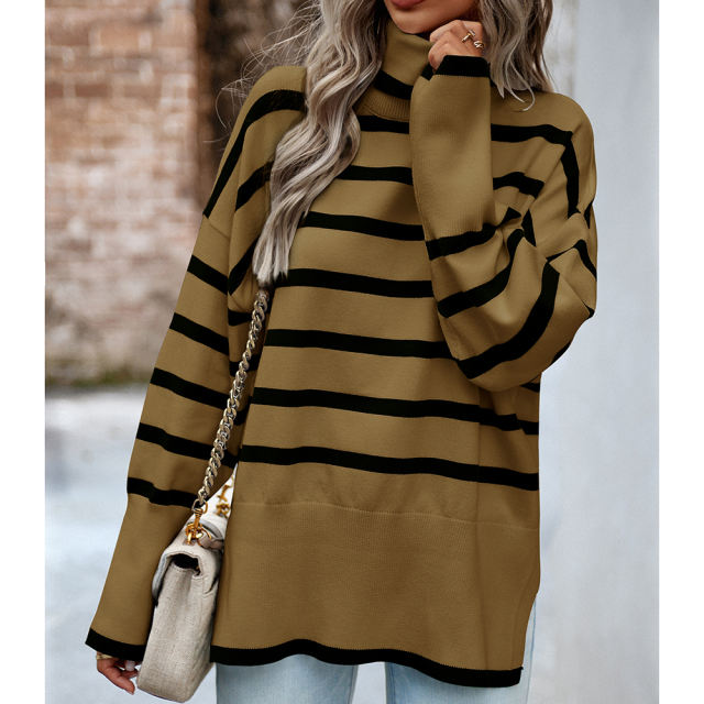 Brown Striped Turtleneck Loose Style Knit Sweater
