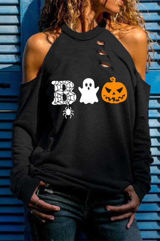 Black Halloween BOO Distressed Cold Shoulder Graphic T Shirt