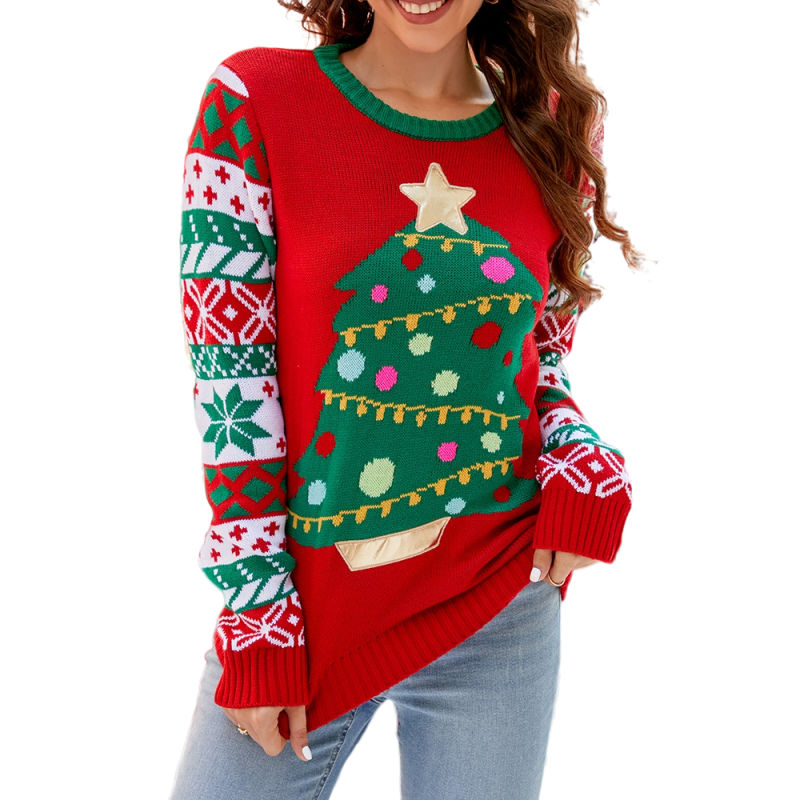 Red Embroidery Christmas Tree and Letter Knit Sweater