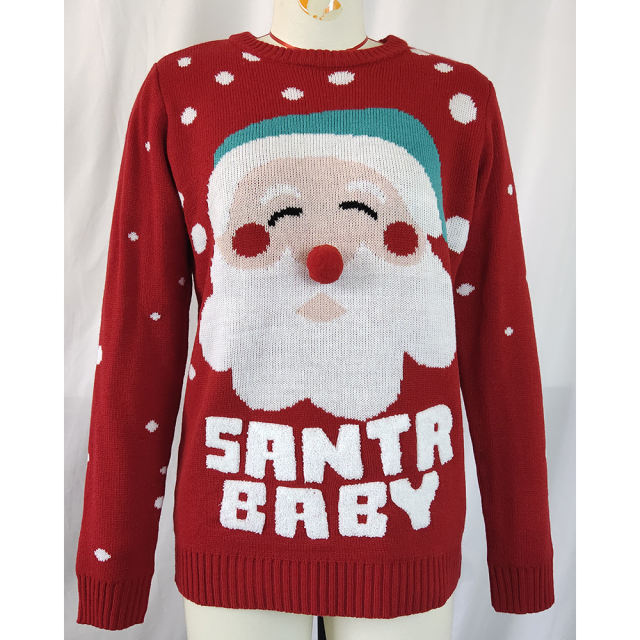 Red Embroidery Snowman and Letter Pattern Christmas Sweater