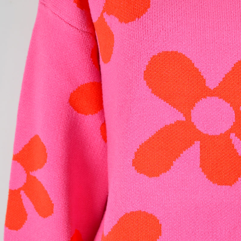 Rosy Flower Pattern Round Neck Pullover Sweater