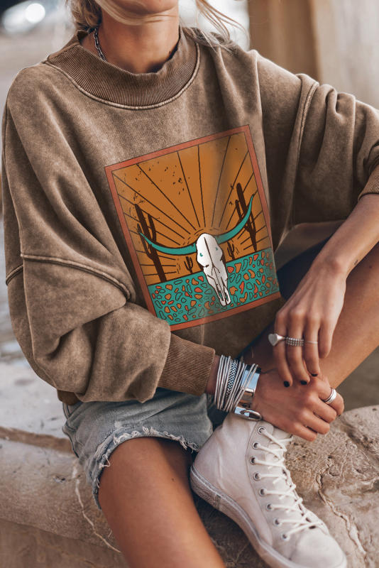 Brown Steer Head Cactus Western Graphic Sweatshirt