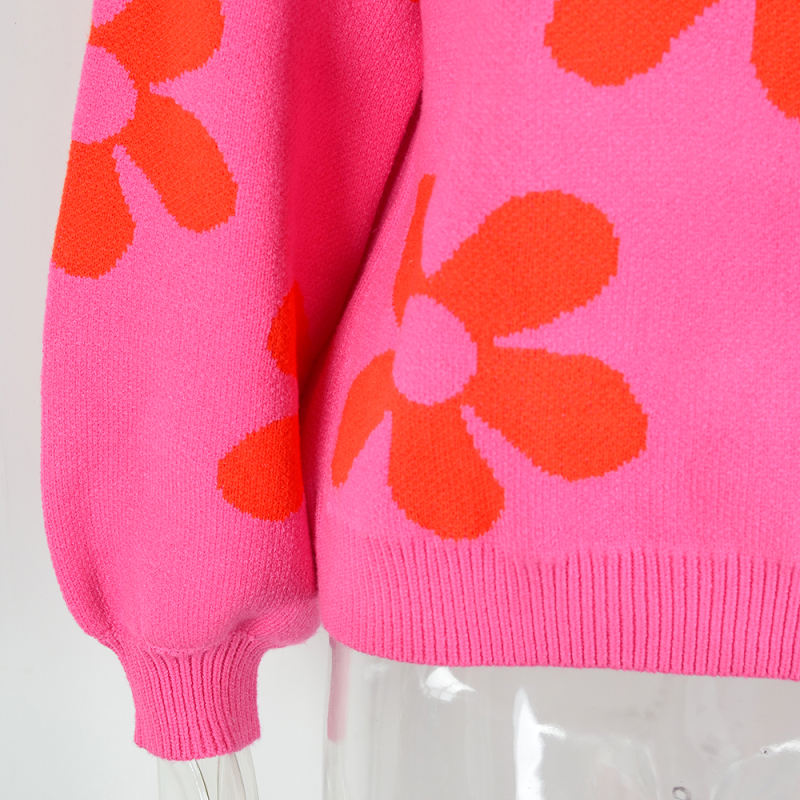 Rosy Flower Pattern Round Neck Pullover Sweater