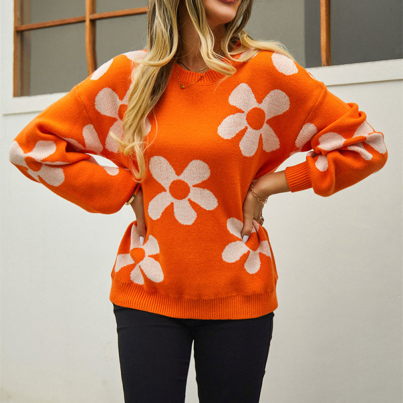 Orange Flower Pattern Round Neck Pullover Sweater