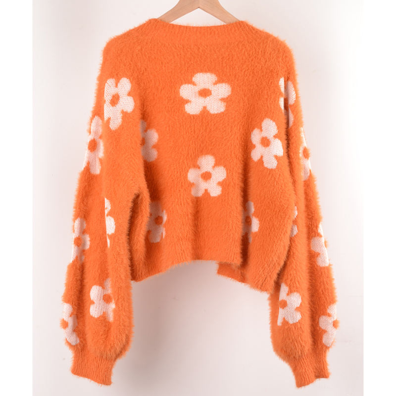 Orange Flower Pattern Short Style Open Front Cardigan