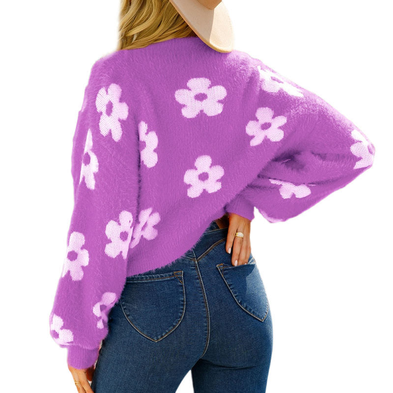 Purple Flower Pattern Short Style Open Front Cardigan