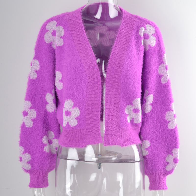 Purple Flower Pattern Short Style Open Front Cardigan