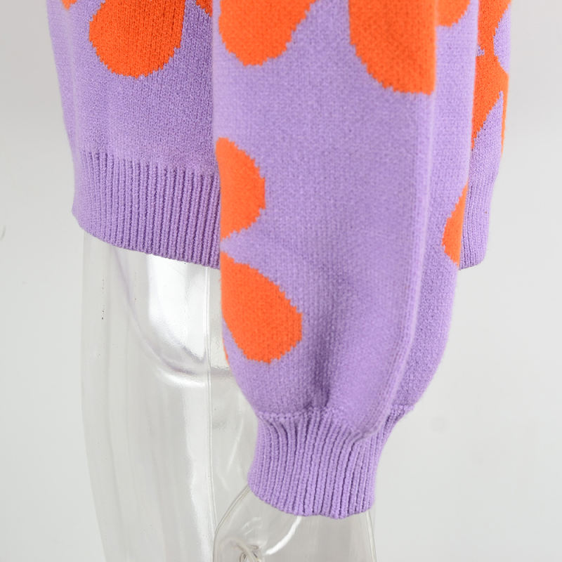 Purple Flower Pattern Round Neck Pullover Sweater