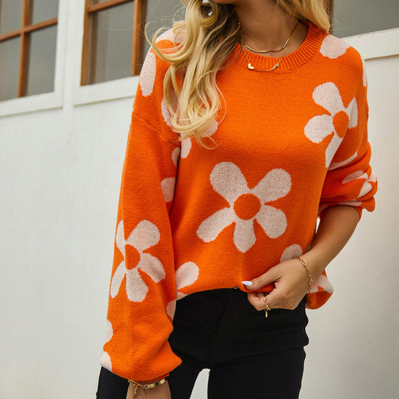 Orange Flower Pattern Round Neck Pullover Sweater