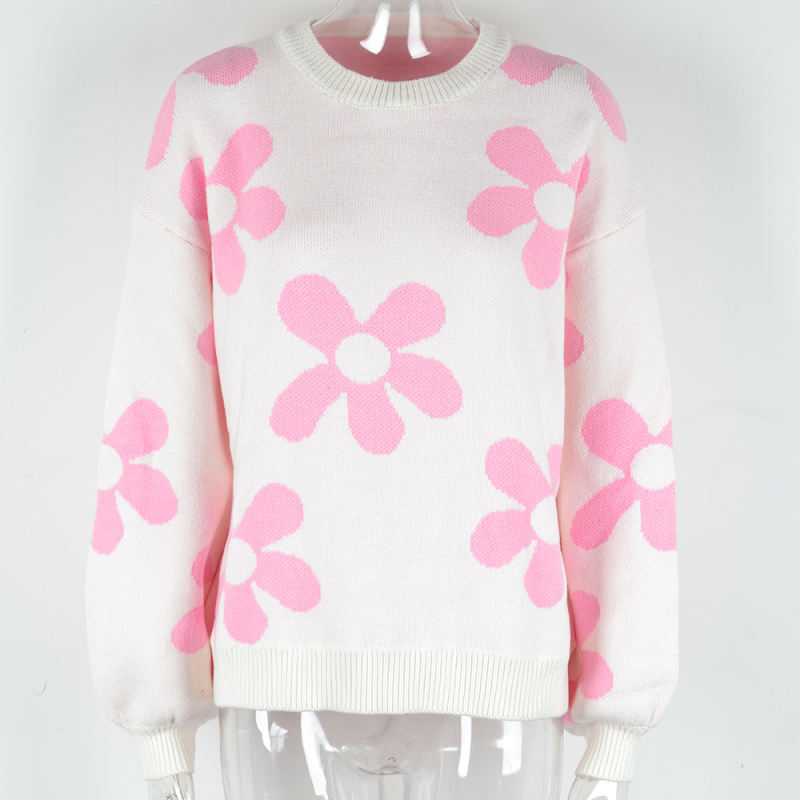 White Flower Pattern Round Neck Pullover Sweater