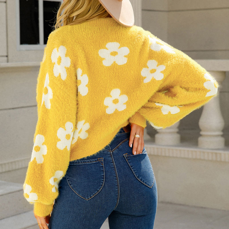 Yellow Flower Pattern Short Style Open Front Cardigan