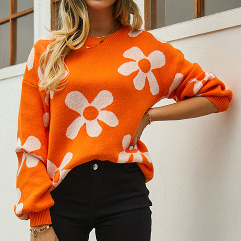 Orange Flower Pattern Round Neck Pullover Sweater