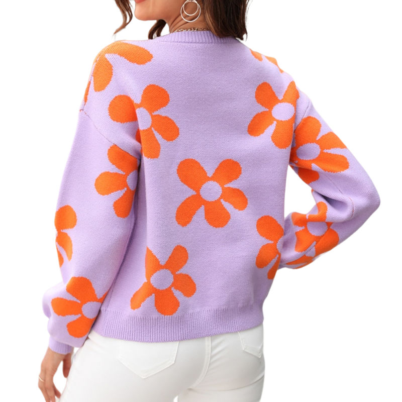 Purple Flower Pattern Round Neck Pullover Sweater