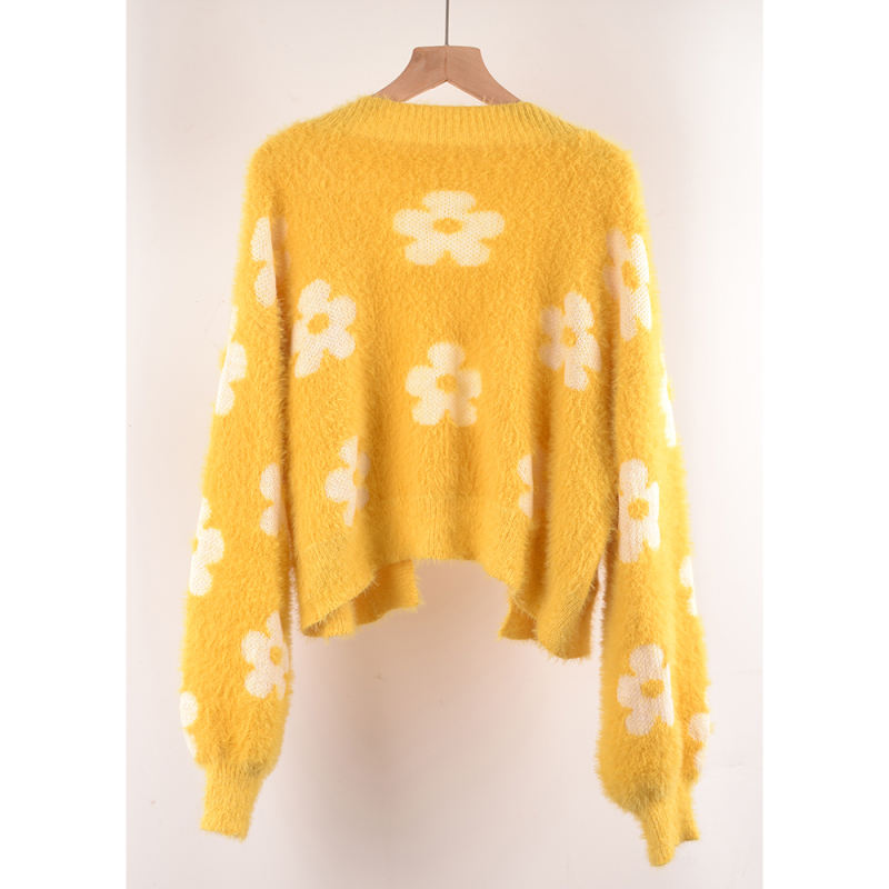 Yellow Flower Pattern Short Style Open Front Cardigan