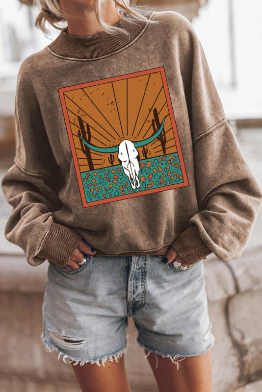 Brown Steer Head Cactus Western Graphic Sweatshirt