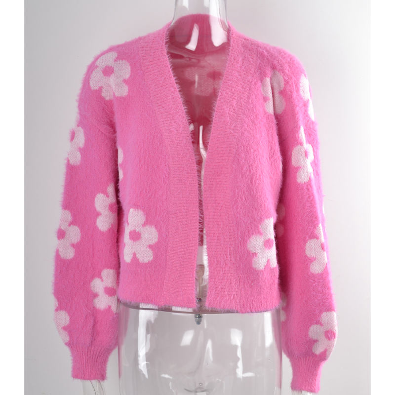 Rosy Flower Pattern Short Style Open Front Cardigan