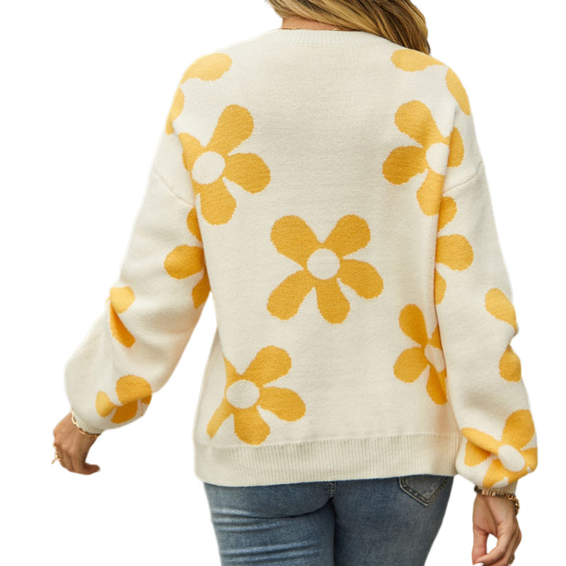 Apricot Flower Pattern Round Neck Pullover Sweater