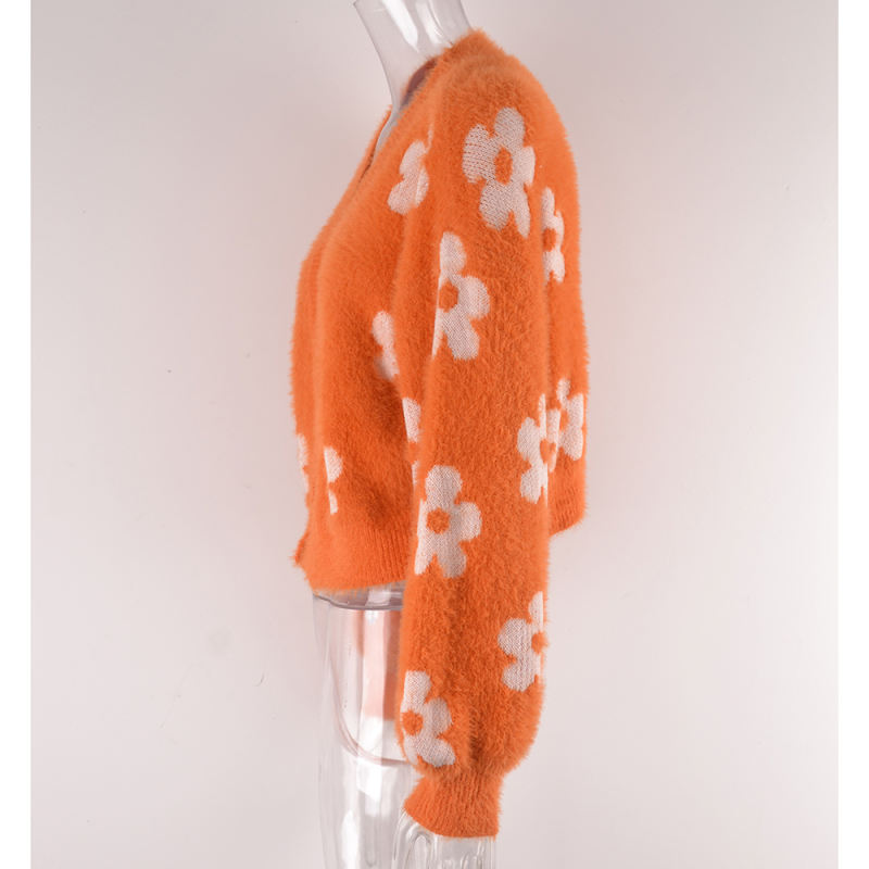 Orange Flower Pattern Short Style Open Front Cardigan