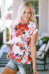 Red Floral Short Sleeve Round Neck Blouse