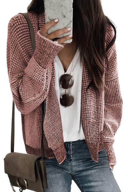 Peach Blossom Plaid Contrast Trim Open Front Cardigan