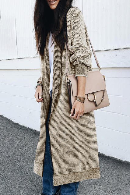 Apricot Waffle Knit Pocketed Duster Cardigan