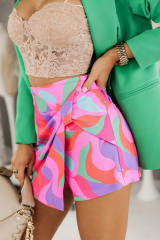 Rose Twisted Geometric Print High Waist Casual Shorts