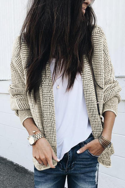 Apricot Plaid Contrast Trim Open Front Cardigan