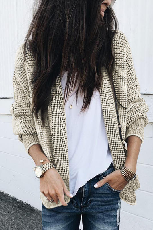 Apricot Plaid Contrast Trim Open Front Cardigan
