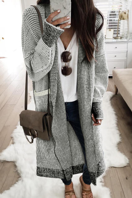Gray Waffle Knit Pocketed Duster Cardigan