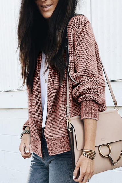 Peach Blossom Plaid Contrast Trim Open Front Cardigan