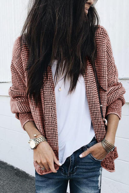 Peach Blossom Plaid Contrast Trim Open Front Cardigan