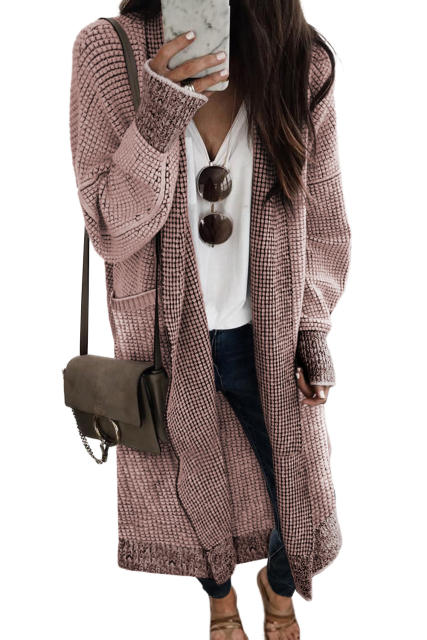 Pink Waffle Knit Pocketed Duster Cardigan