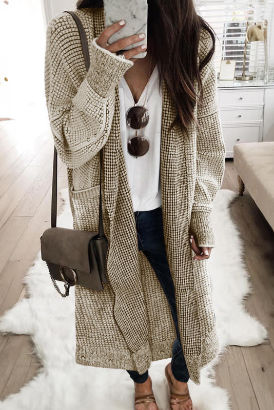 Apricot Waffle Knit Pocketed Duster Cardigan