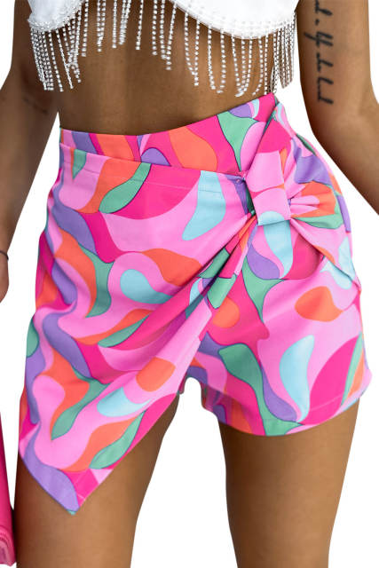 Rose Twisted Geometric Print High Waist Casual Shorts