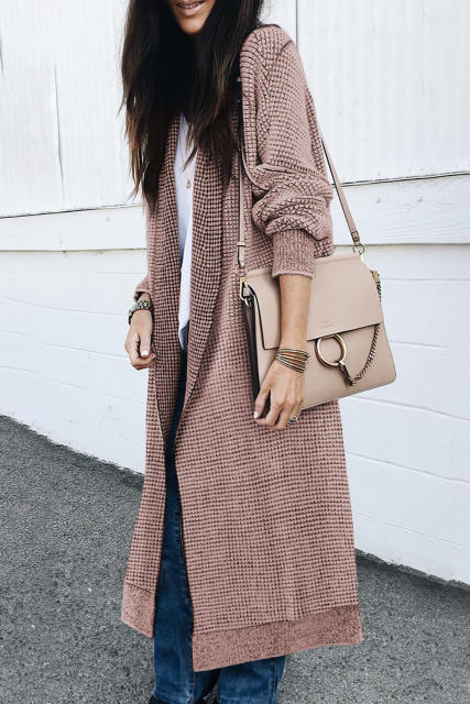 Pink Waffle Knit Pocketed Duster Cardigan