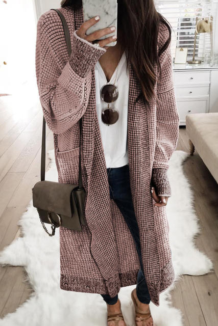 Pink Waffle Knit Pocketed Duster Cardigan